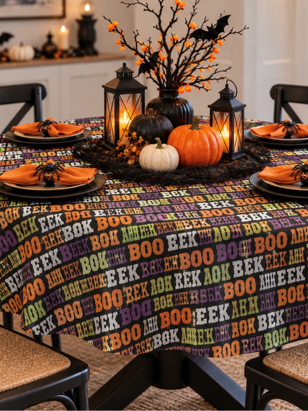 BOO' Print Tablecloth in Black and Orange Round Halloween Vinyl